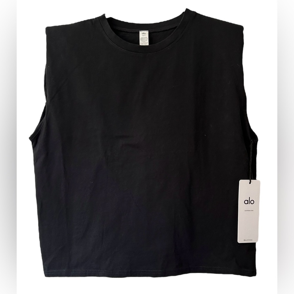 Alo Women’s Headliner Shoulder Pad Sleeveless Tee Black Size Small NWT!